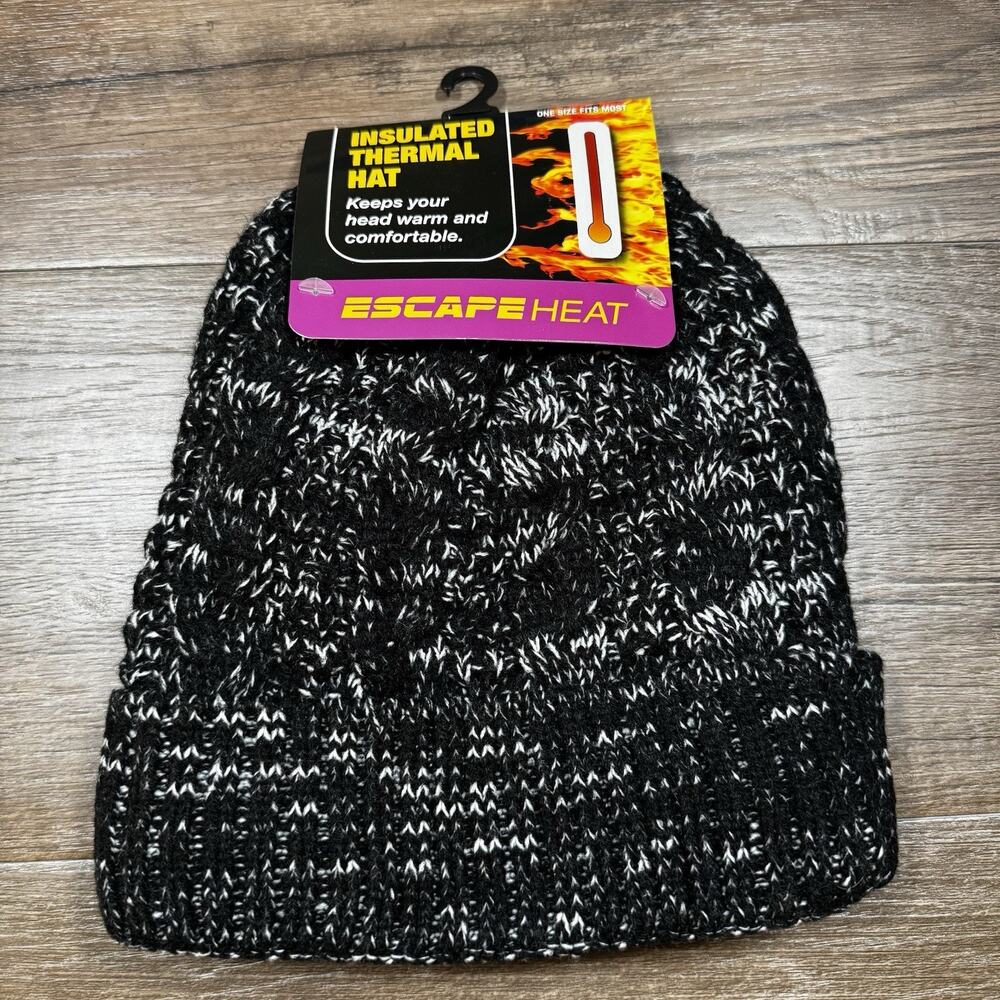 Escape Heat Insulated Thermal Beanie Hat Black White Faux Fur Lined NWT OSFM